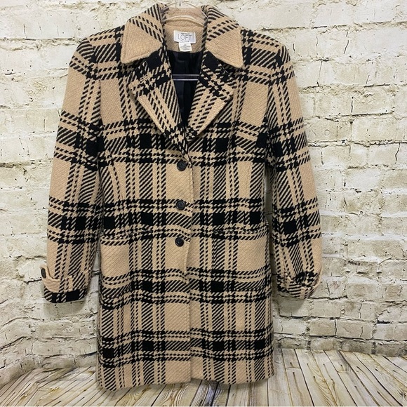 Ann Taylor Tan Black Wool Blend Plaid Long Jacket Coat - Picture 1 of 4